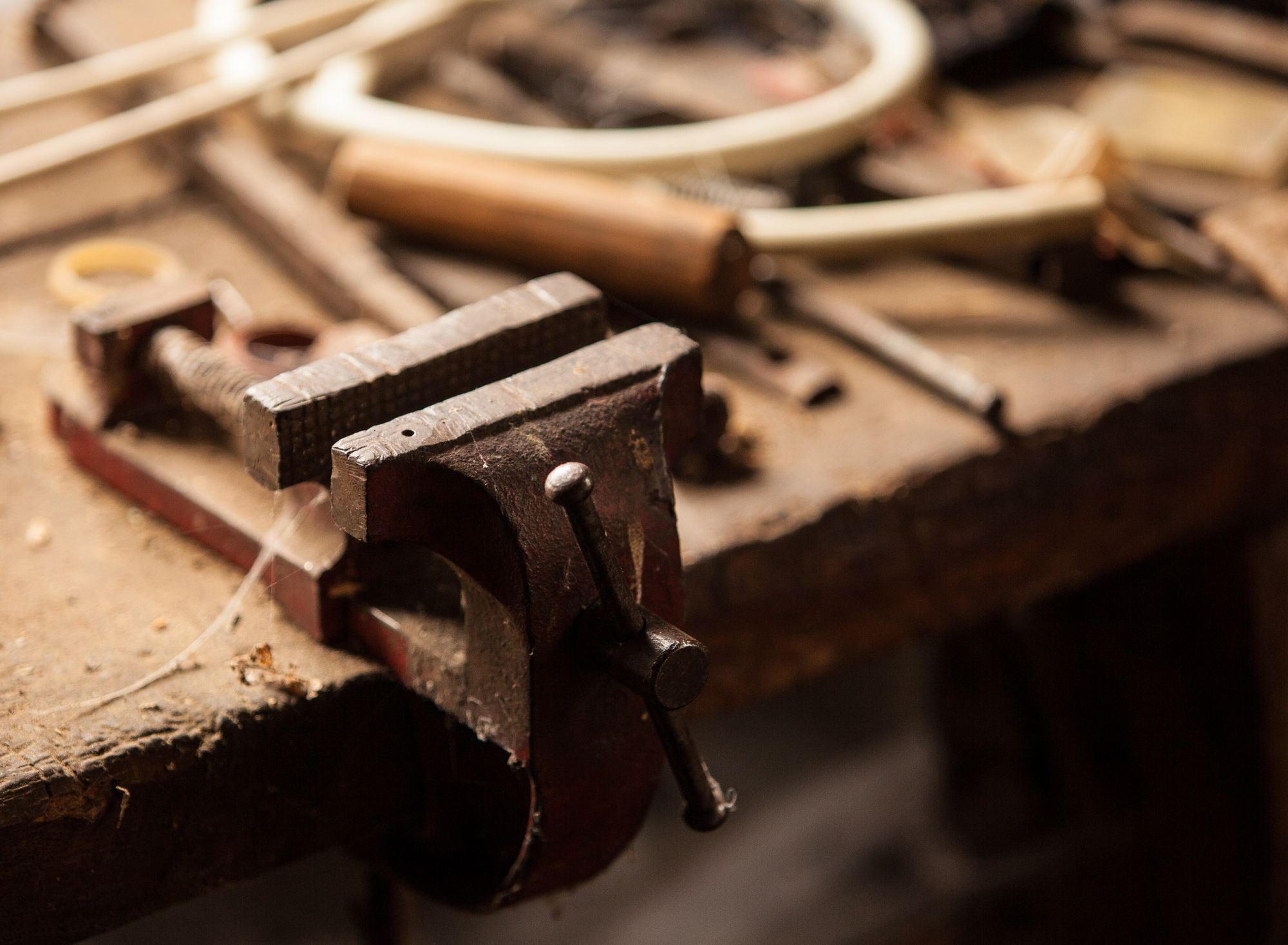 A workbench and vice in the workshop